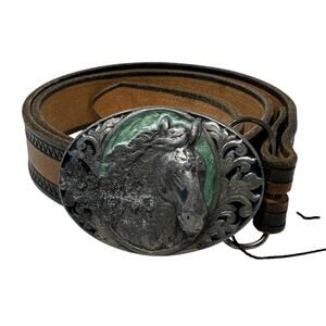 VTG Bergamot Horse Head Belt Buckle Western Brown Leather Belt Apx Sz 34 Rodeo